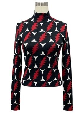 PROENZA SCHOULER BLACK / WHITE / RED MULTI LIGHTNING BOLT PATTERNED LONG SLEEVED